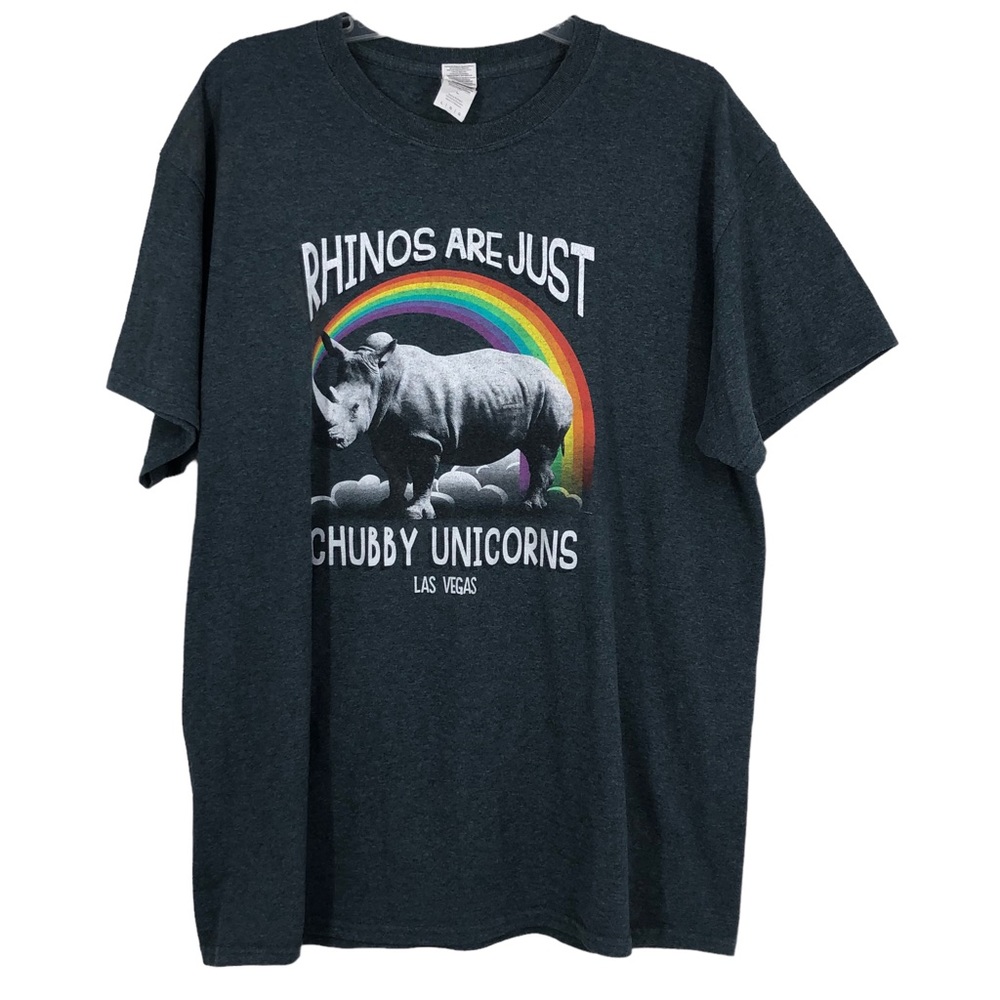 “Rhinos are Just Chubby Unicorns” Comical Graphic Tee, Rainbow, LGBTQ, Unisex L